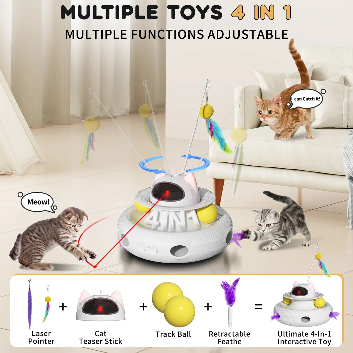 4 in 1 Interactive Cat Toys for Indoor Cats,Cat Laser Toys with 360°Rotation, Interactive Exercise Play Kitten Toy,Automatic Cat Wand Toys,Track Balls,Indoor Exercise Cat Kicker with USB Rechargeable