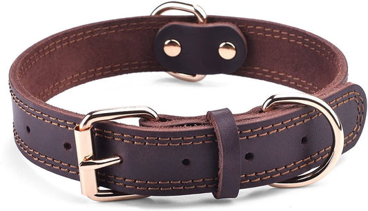 Dog Collar, Genuine Leather Dog Collar, Heavy Duty Dog Collar, Wide Dog Collar for Small Dog, Medium Dog, Large Dog and Extra Large Dog (M: 1" Wide for 15.2"-19.2" Neck, Dual Stitch - Brown)