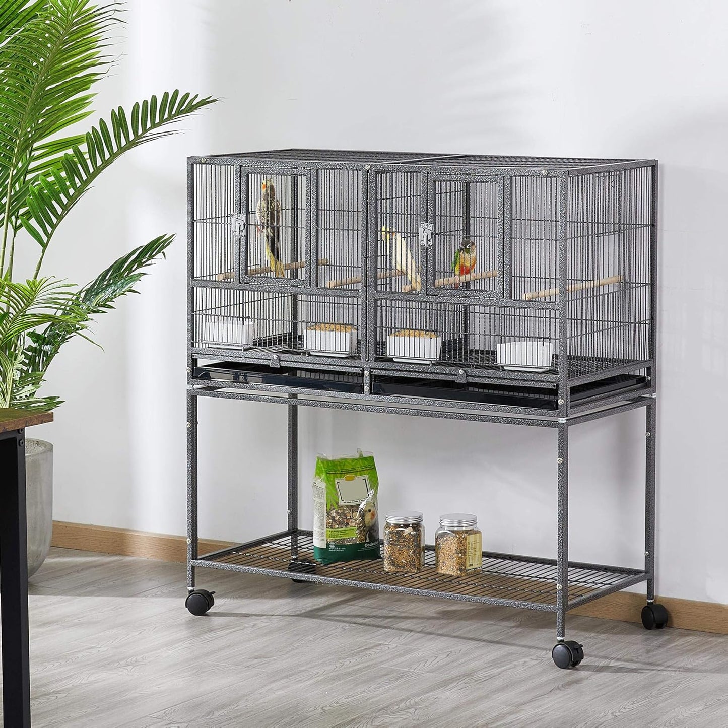 41.5" Stackable Divided Breeder Breeding Parakeet Bird Cage for Canaries Cockatiels Lovebirds Finches Budgies Small Parrots with Rolling Stand, Black