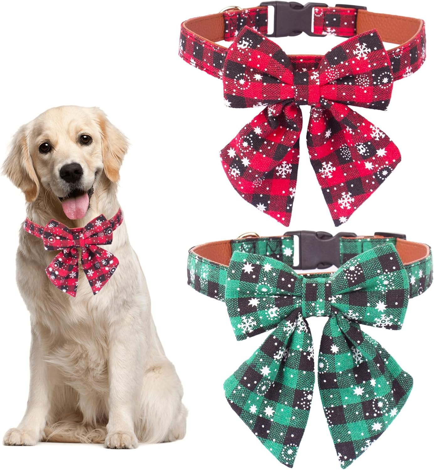 2 Pack Christmas Dog Collar with Bow Tie, Classic Plaid Red Green Dog Collars with Removable Bowtie Christmas Collars for Large Dogs Pets (Large, Christmas Bow-2)