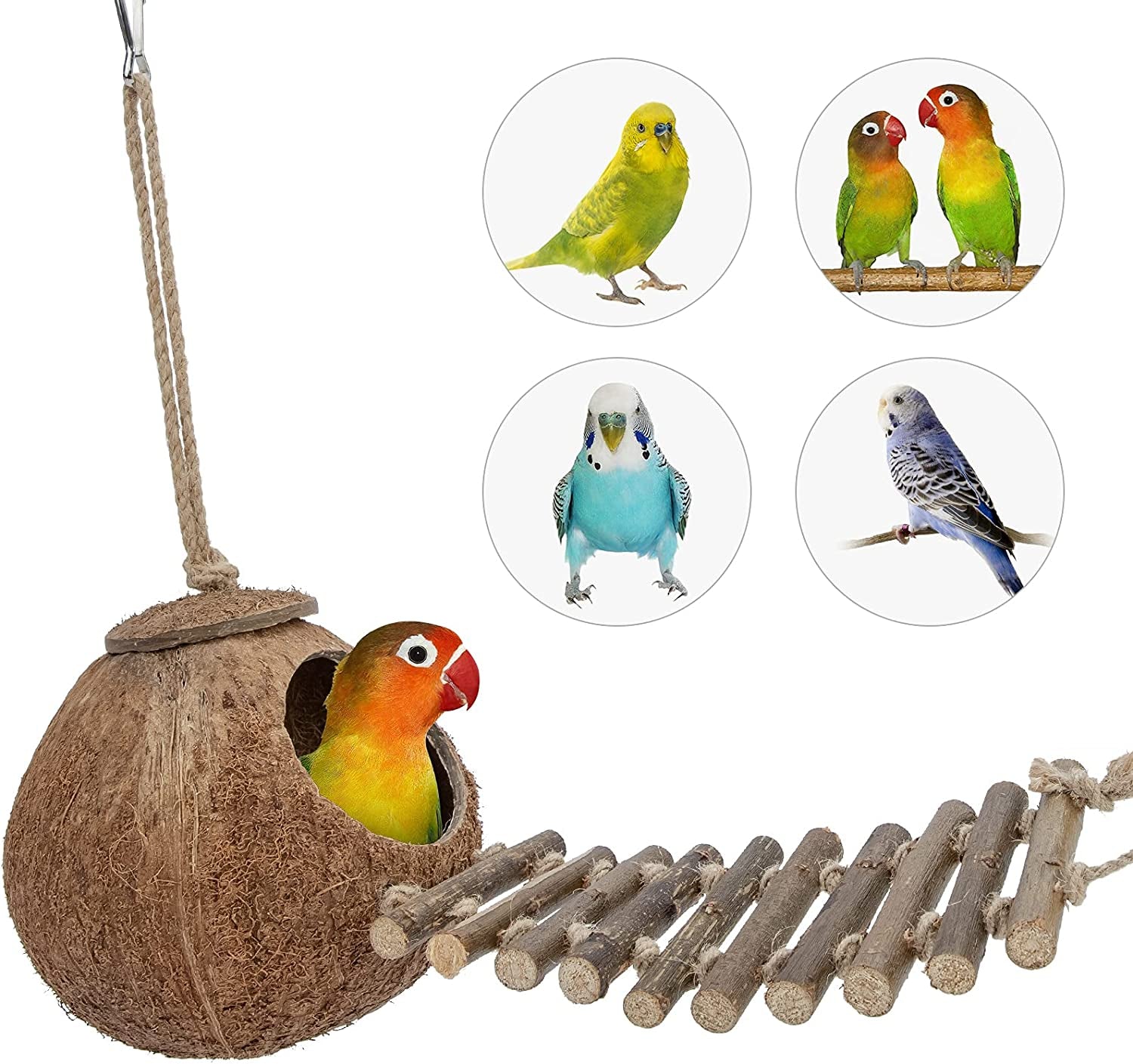 100% Natural Coconut Hideaway with Ladder, Bird and Small Animal Toy